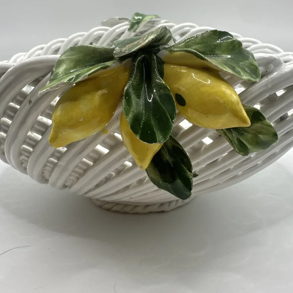 Vintage ItalianCeramic Basket Bowl White Woven Floral Yellow And Purple Green